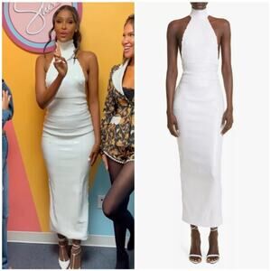 LaQuan Smith Sequin Mock Neck Column Gown White Halter Open Back Small Bridal